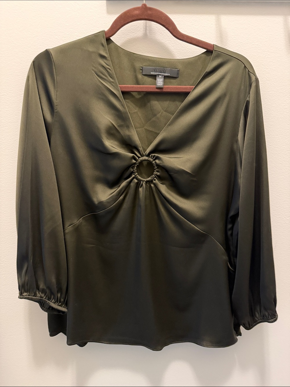 White House Black Market Olive Green V-Neck Blouse with Center Ring